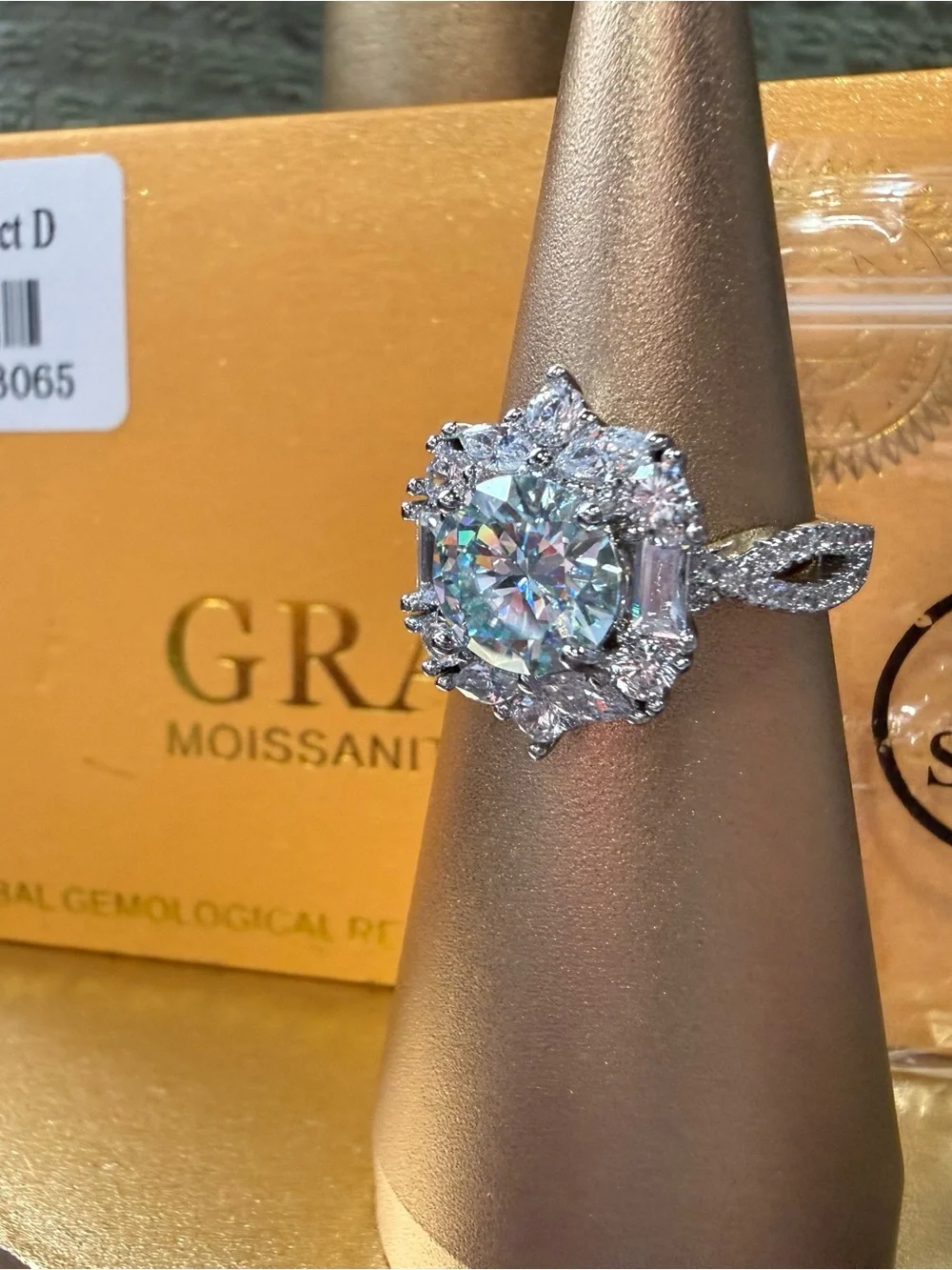 Moissanite Halo Engagement Ring in Silver with Clear Center Stone